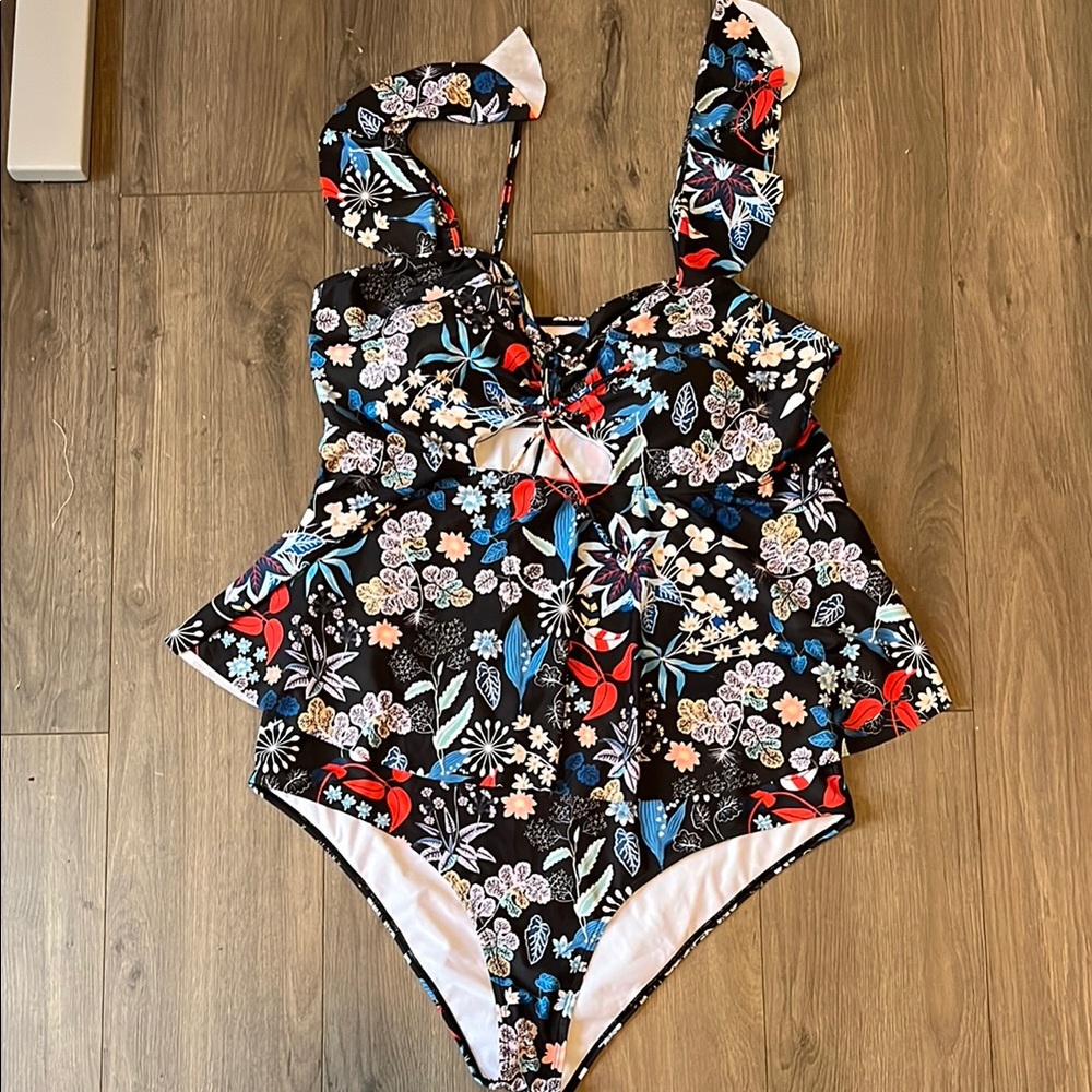 SHEIN Dark blue and Red Two Piece Swimsuit with Ruffled Straps